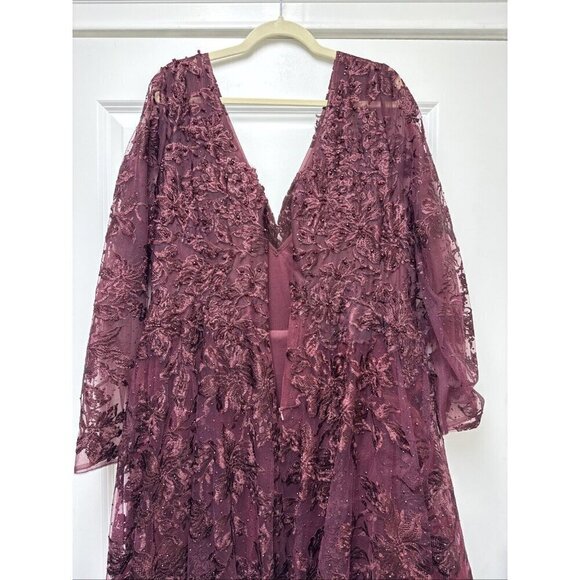 Mac Duggal Size 14 Burgundy 20409 Embellished Illusion Long Sleeve V Neck Gown - Picture 8 of 10